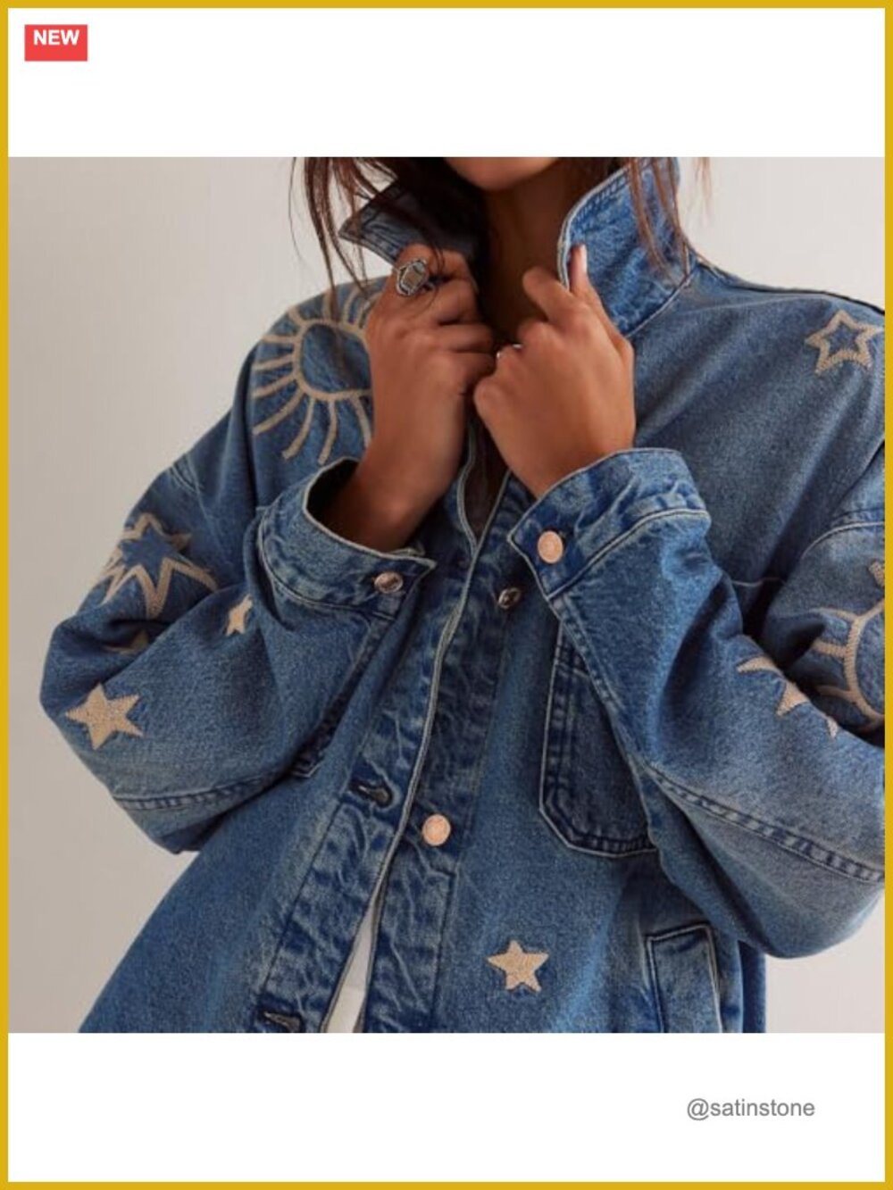 Oversized Embroidered Denim Jacket Button Down Loose Fit Jean Jacket - Picture 2 of 6